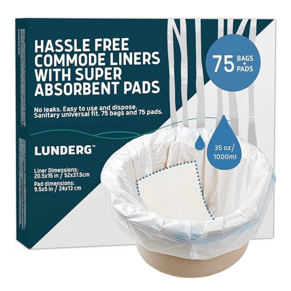 Lunderg Commode Liners with Absorbent Pads - Value Pack Medical Grade 75 Count U